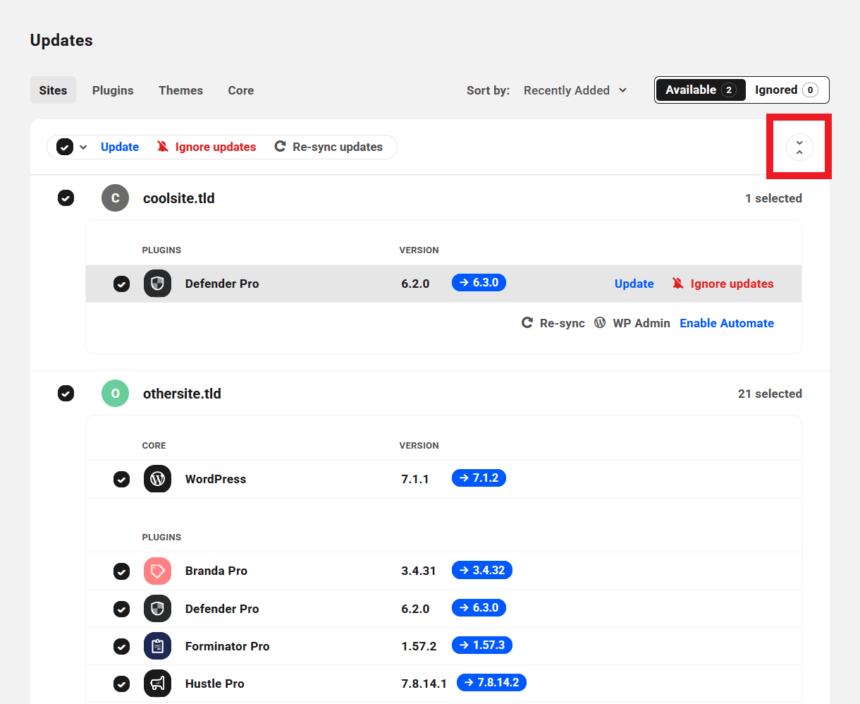 Expand or collapse all sites in Hub updates