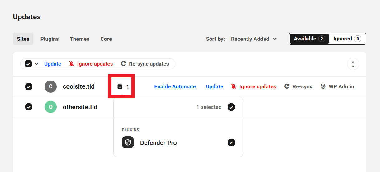 Select plugins to update per site in the Hub