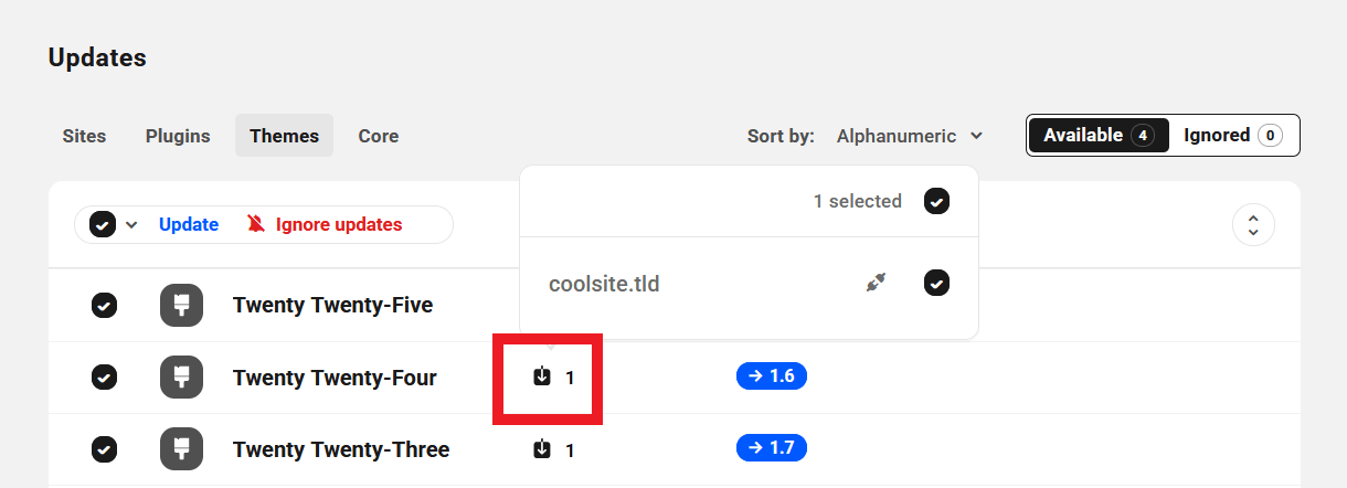 Select themes to update per site in the Hub