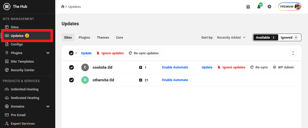 Updates section in The Hub